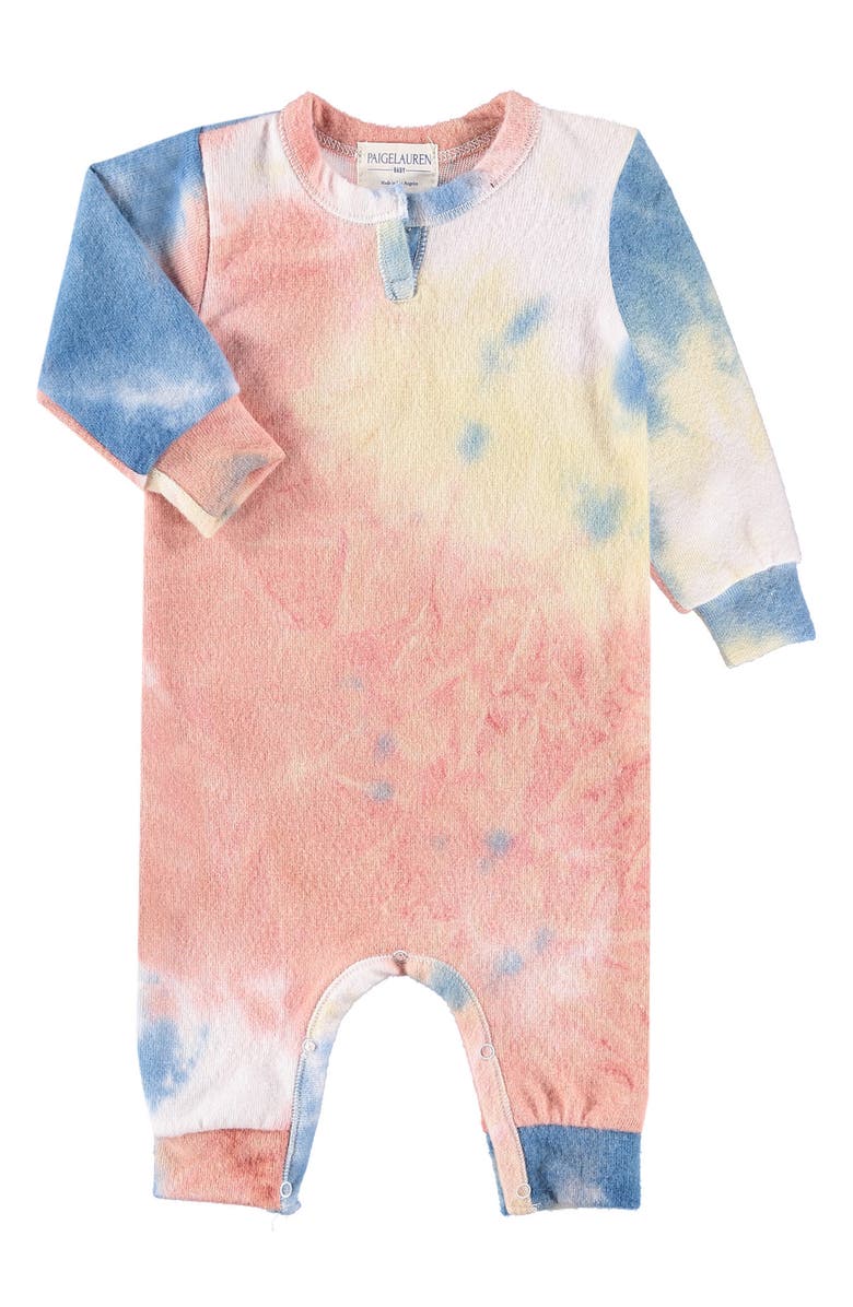 PAIGELAUREN Hacci Tie Dye Split Neck Romper, Main, color, Orange