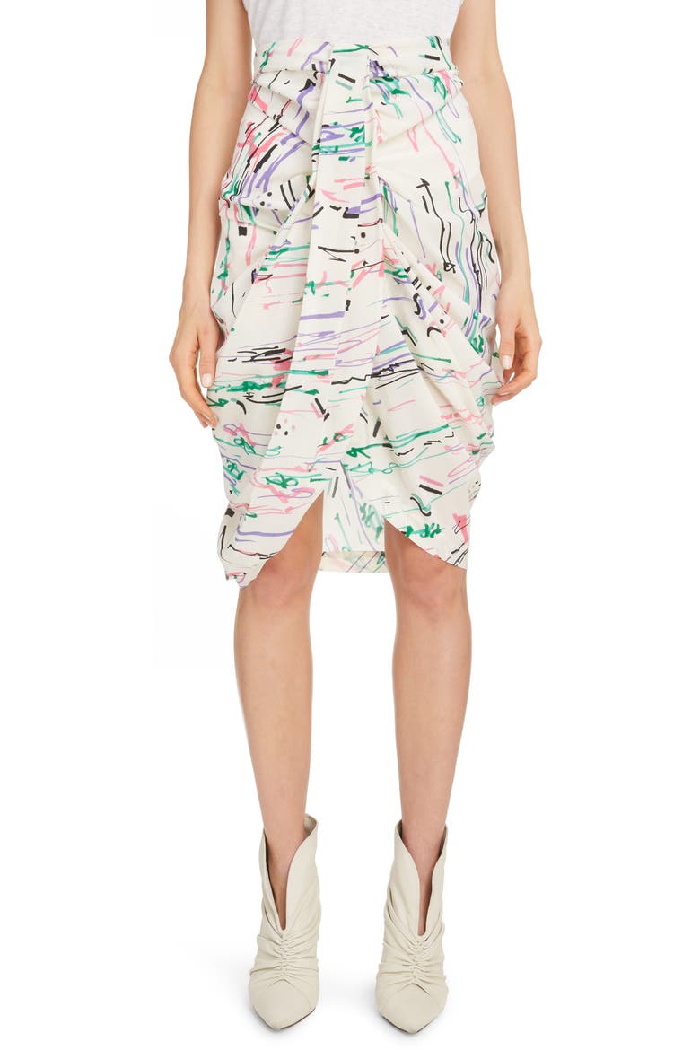 Scribble Print Stretch Silk Skirt, Main, color, ECRU