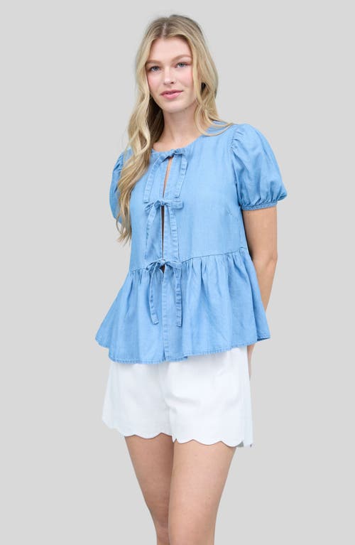 Blu Pepper Front Tie Puff Sleeve Chambray Top In Blue