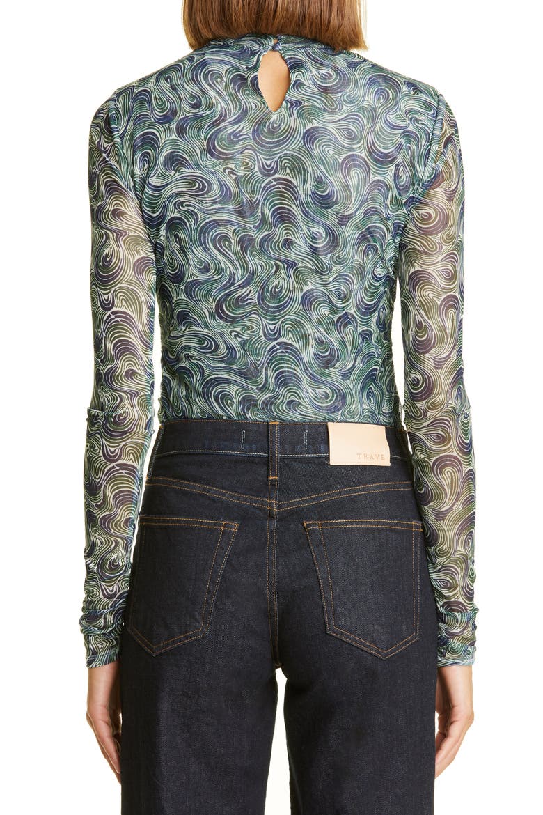 Shirred Long Sleeve Mesh Turtleneck Top, Alternate, color, DARK EMERALD MULTI