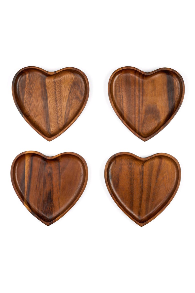 Eat Your Heart Out Set of 4 Acacia Wood Appetizer Plates, Main, color, BROWN