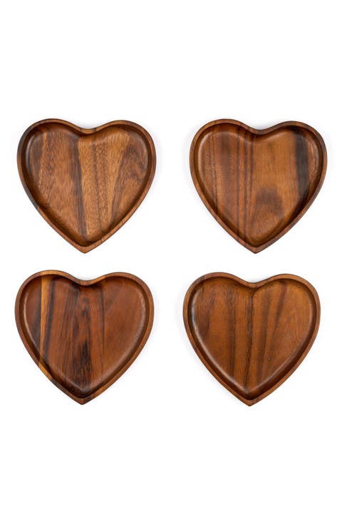 Eat Your Heart Out Set of 4 Acacia Wood Appetizer Plates