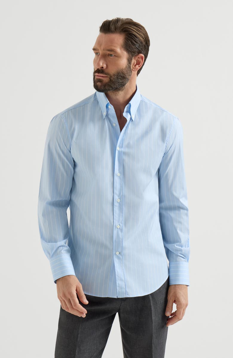 Brunello Cucinelli Striped poplin shirt, Alternate, color, Azure