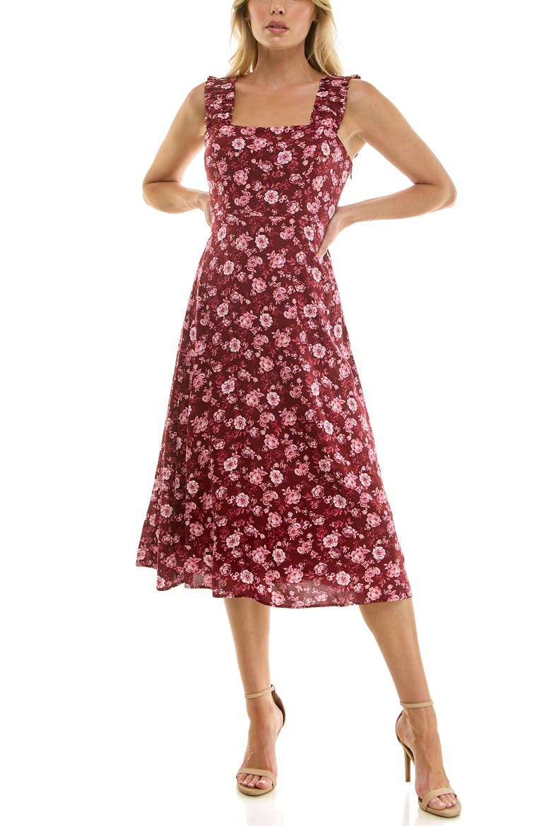 Ruffle Strap Sleeveless Midi Dress, Main, color, WINE FLOR PRINT