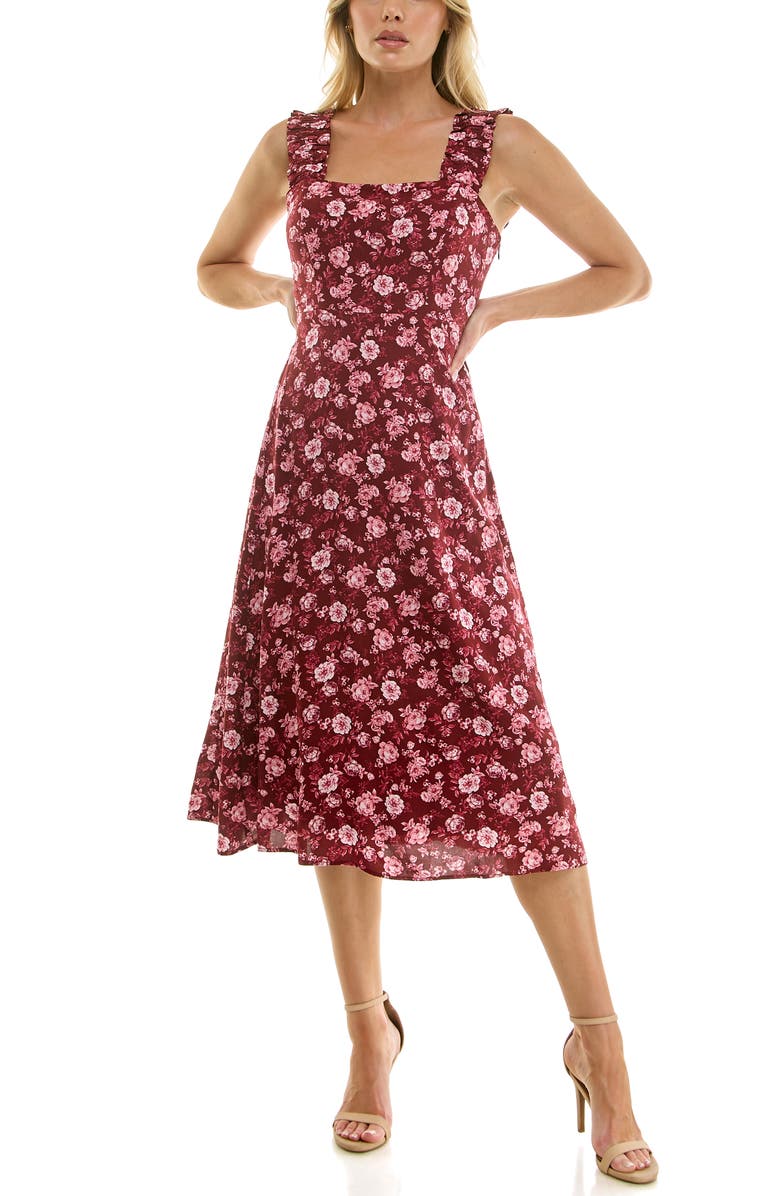 Socialite Ruffle Strap Sleeveless Midi Dress, Main, color, Wine Flor Print