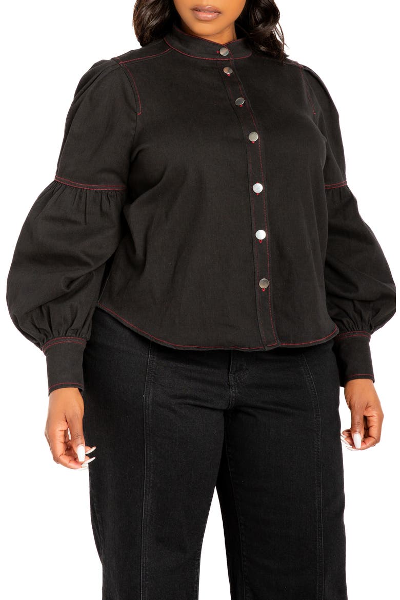 Bow Neck Puff Shoulder Denim Shirt, Alternate, color, DENIM BLACK