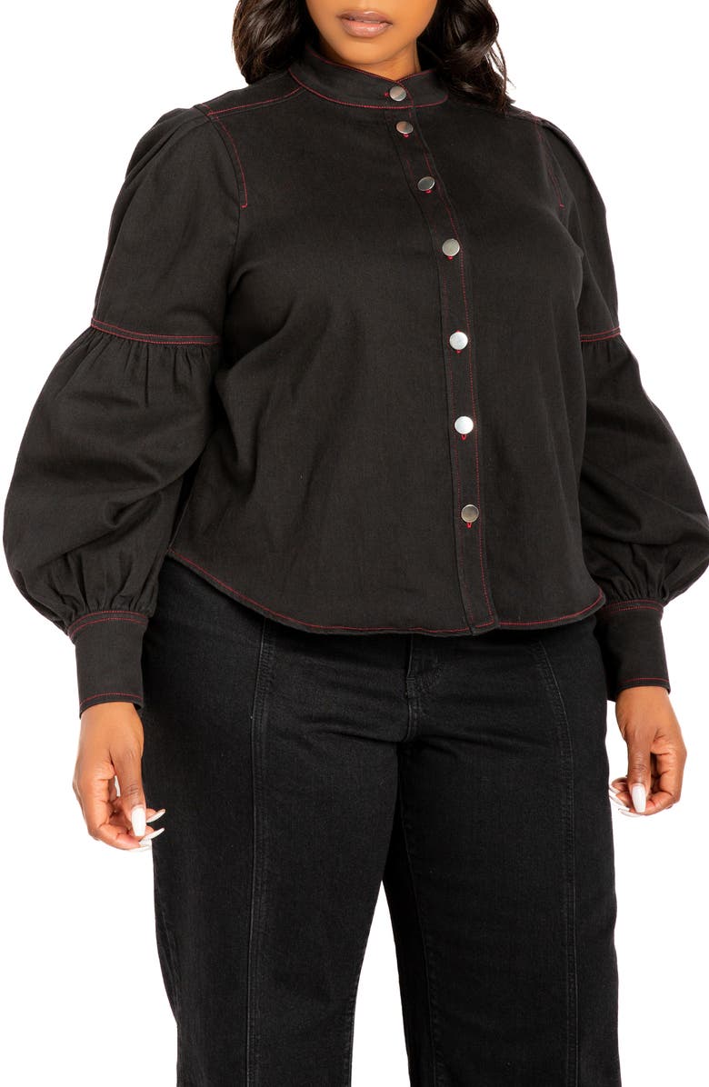 BUXOM COUTURE Bow Neck Puff Shoulder Denim Shirt, Alternate, color, Denim Black