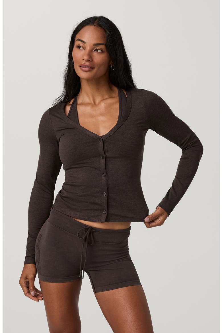 Halo Performance V-Neck Cardigan, Alternate, color, JAVA HEATHER