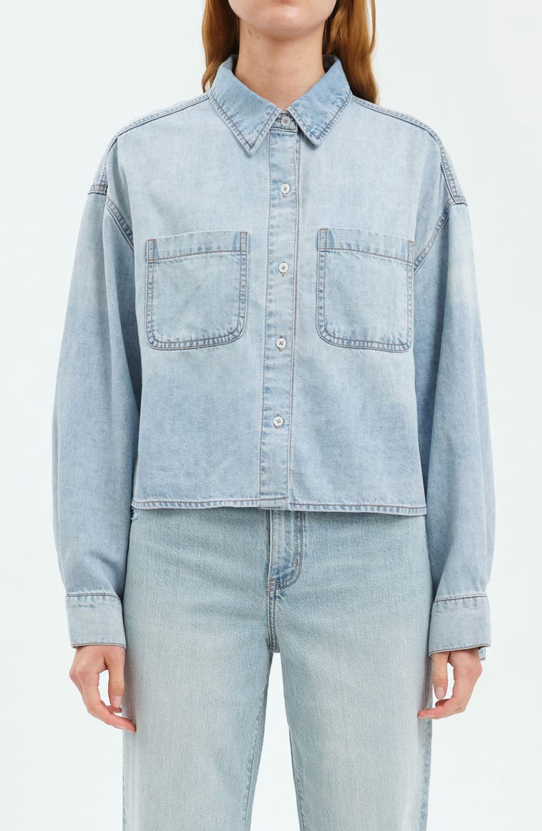DAZE The Editor Crop Denim Button-Up Shirt, Main, color, Call Me