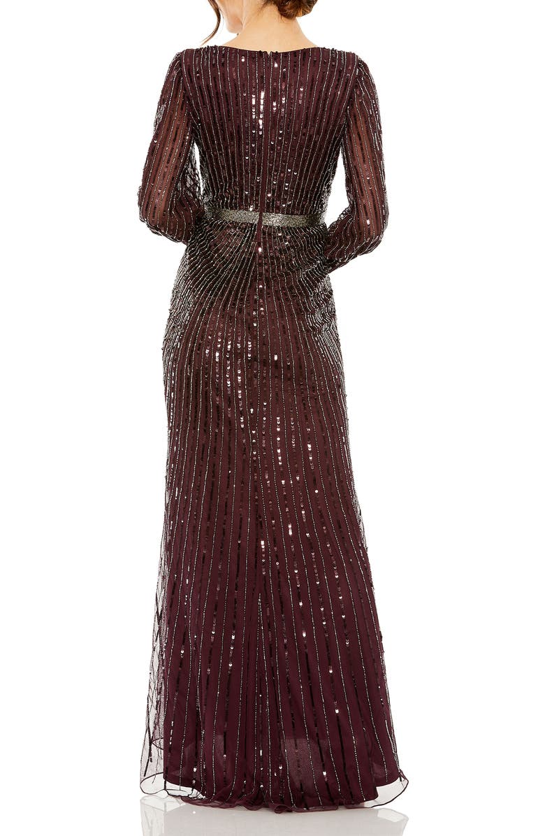 Mac Duggal Sequined Wrap Gown with Dramatic Bishop Sleeves, Alternate, color, Blackberry