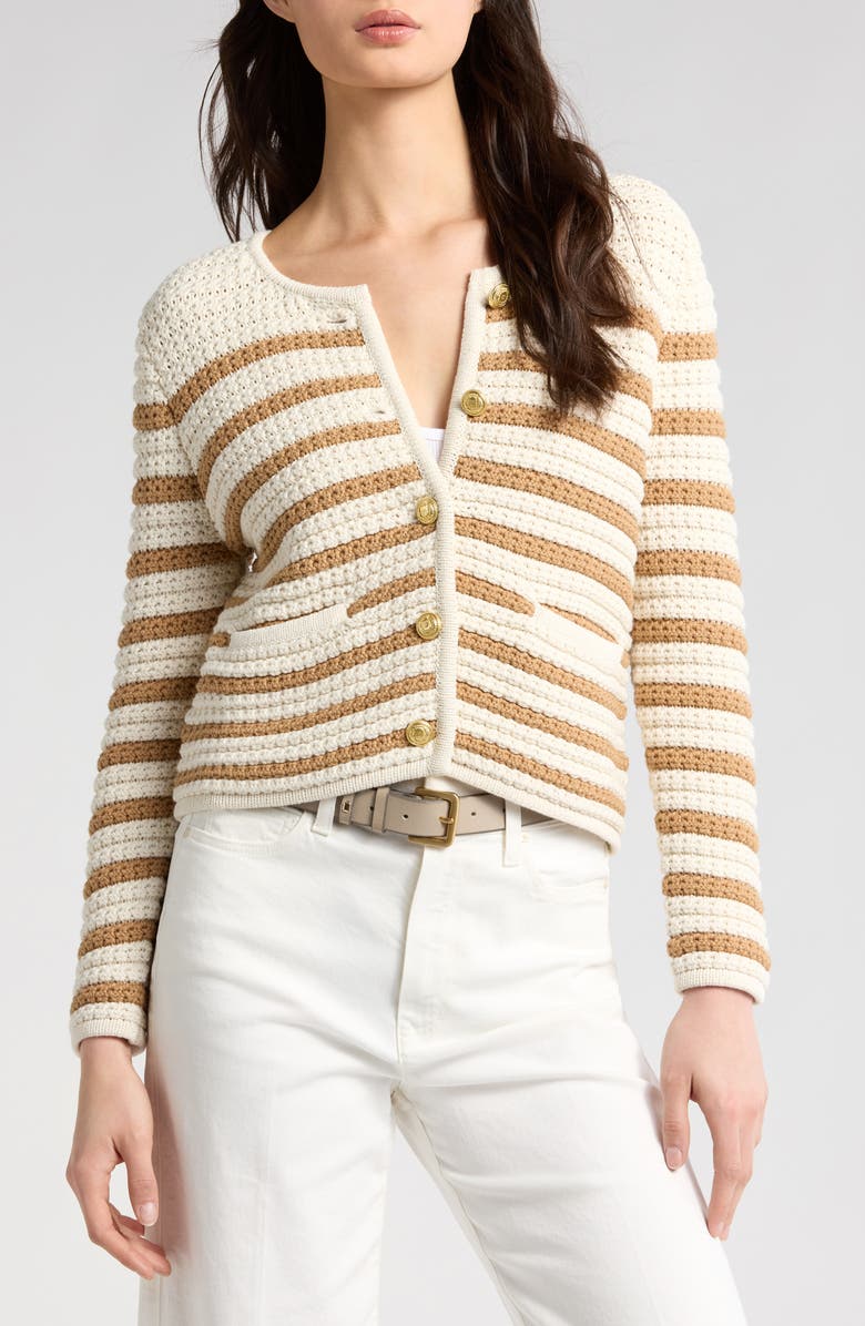 PAIGE Oberon Stripe Cotton Blend Cardigan, Main, color, Ivory/ Biscotti
