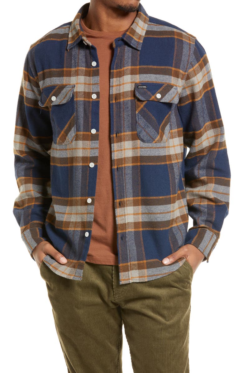 Brixton Men's Bowery Plaid Flannel Button-Up Shirt, Main, color, 