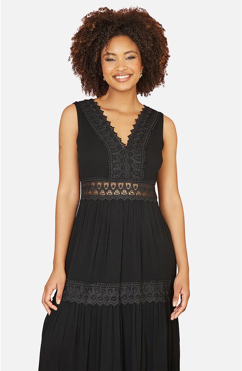 Yumi Lace Trim Cotton Maxi Sun Dress, Alternate, color, Black