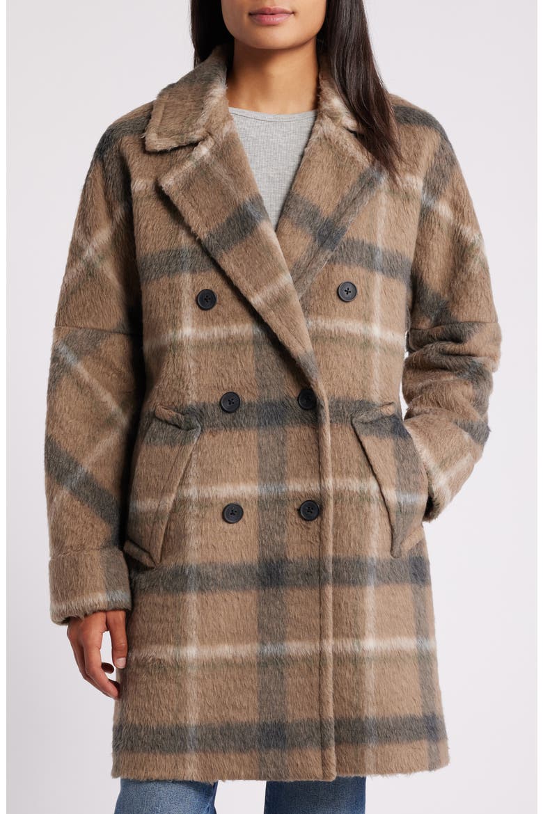 Plaid Double Breasted Coat, Main, color, LT BROWN PLAID