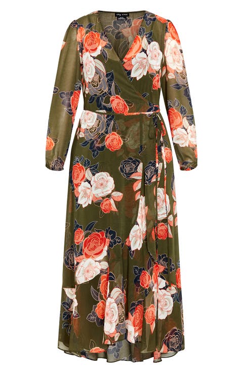 Kataleya Long Sleeve Chiffon Maxi Wrap Dress (Plus)