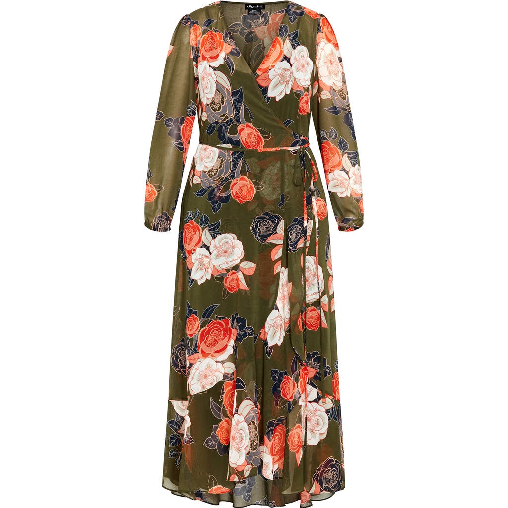 City Chic Kataleya Long Sleeve Chiffon Maxi Wrap Dress In Multi