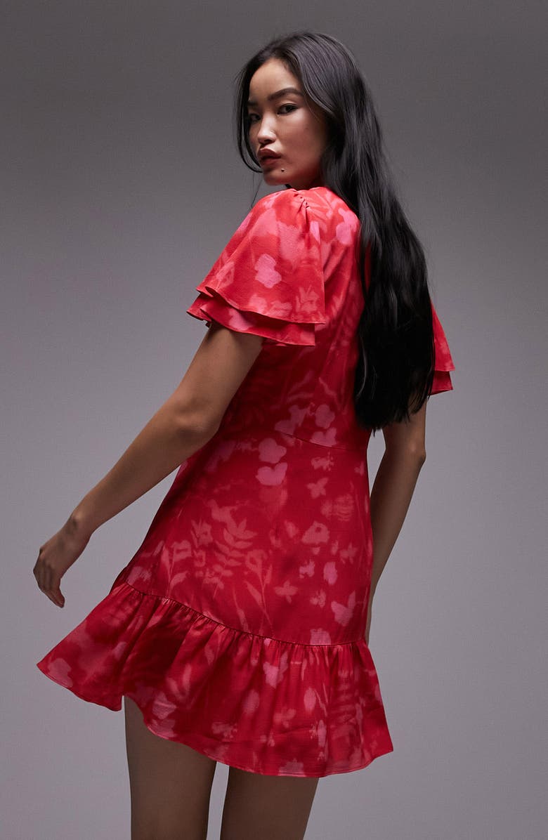 Topshop Bella Floral Flutter Sleeve Minidress, Alternate, color, Red