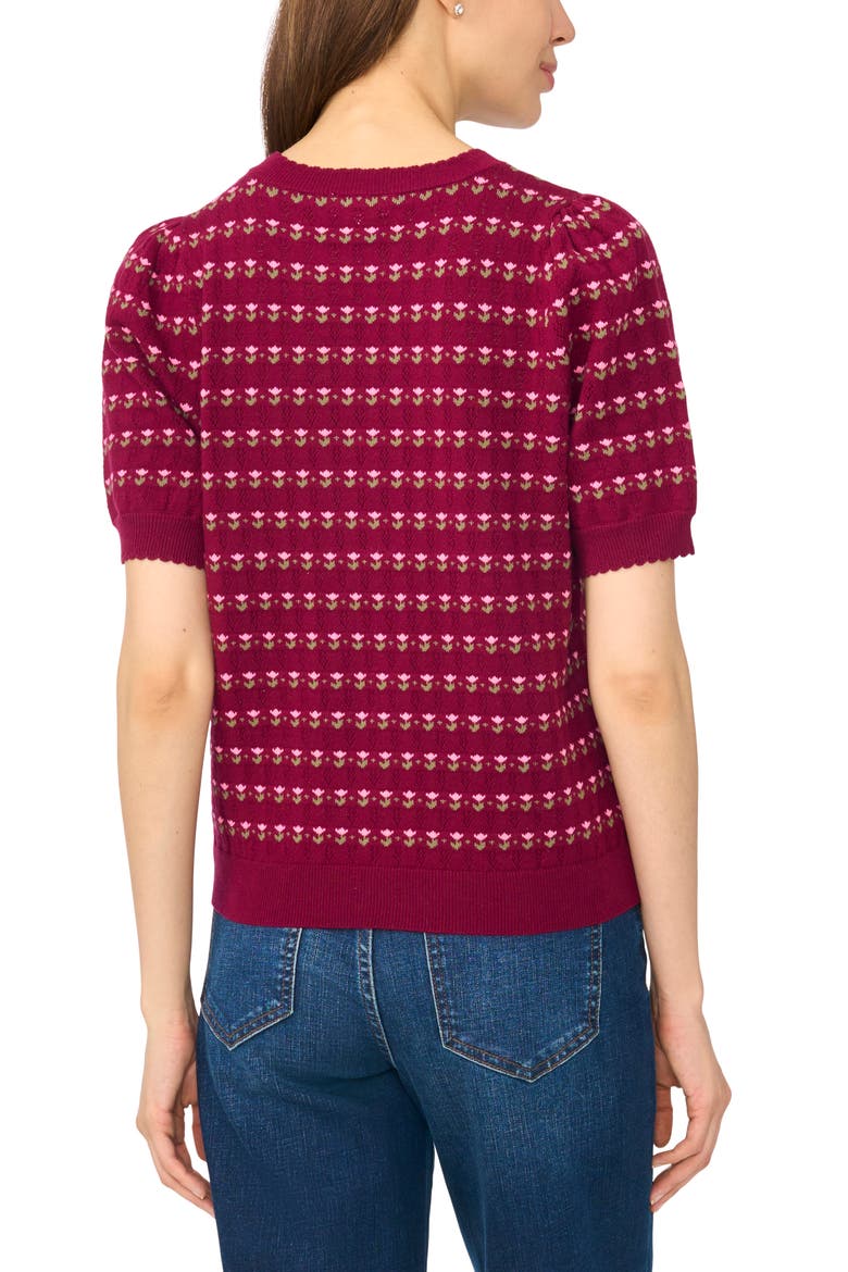 Flower Pointelle Short Sleeve Sweater, Alternate, color, DEEP MULBERRY