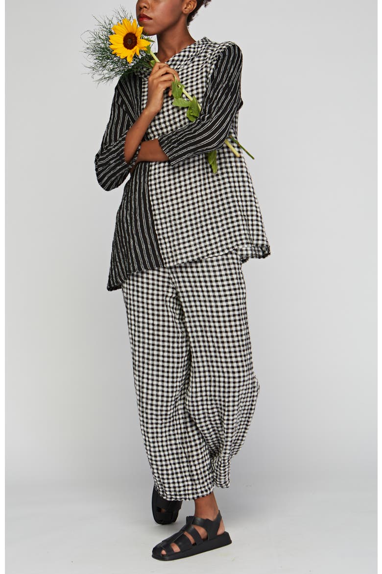 Illustra Checkered And Striped Blended, Gauze Linen Blouse, Alternate, color, Black