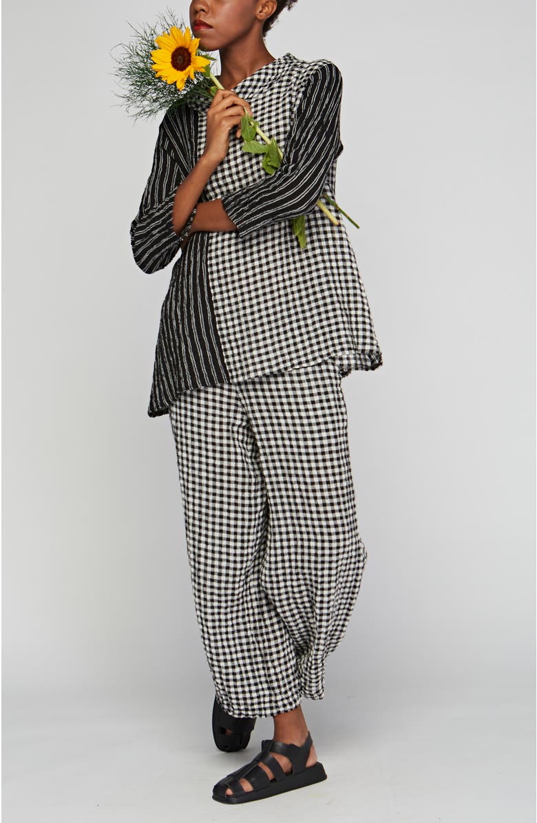 LUUKAA Illustra Checkered And Striped Blended, Gauze Linen Blouse, Alternate, color, Black