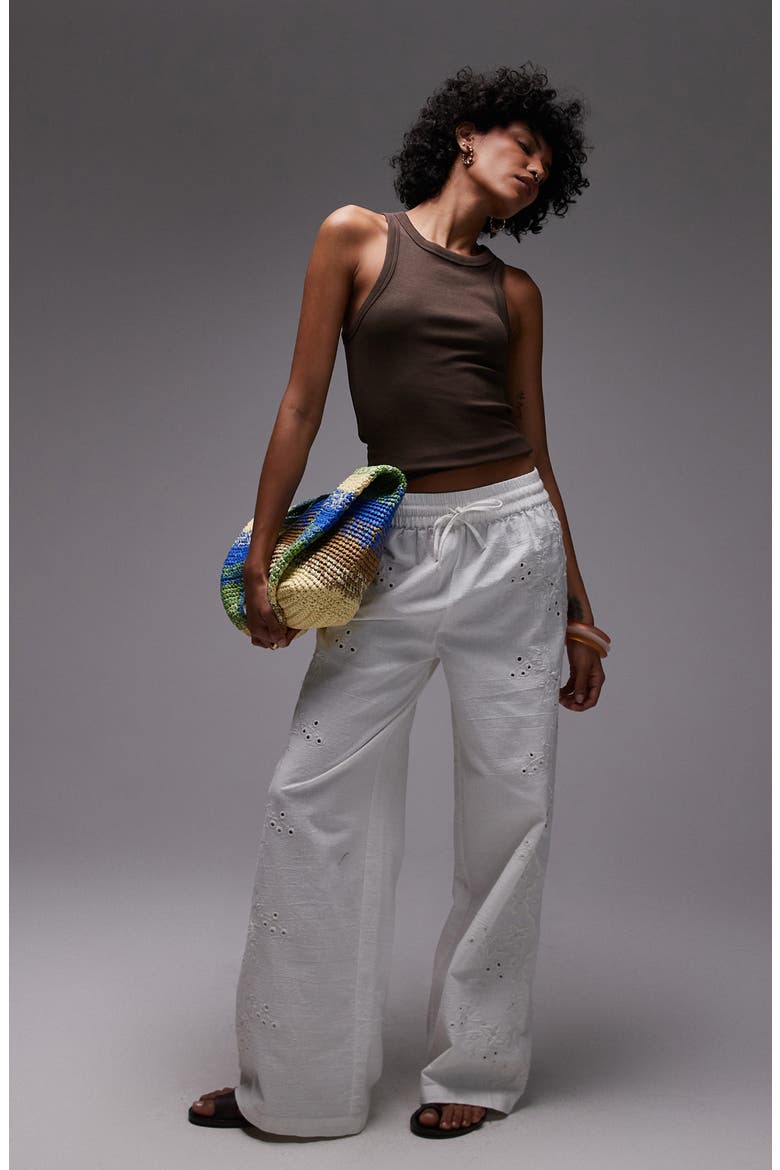 Eyelet Embroidered Wide Leg Cotton & Linen Drawstring Pants, Alternate, color, WHITE