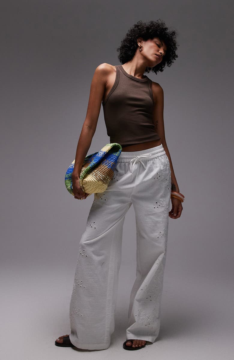 Topshop Eyelet Embroidered Wide Leg Cotton & Linen Drawstring Pants, Alternate, color, White
