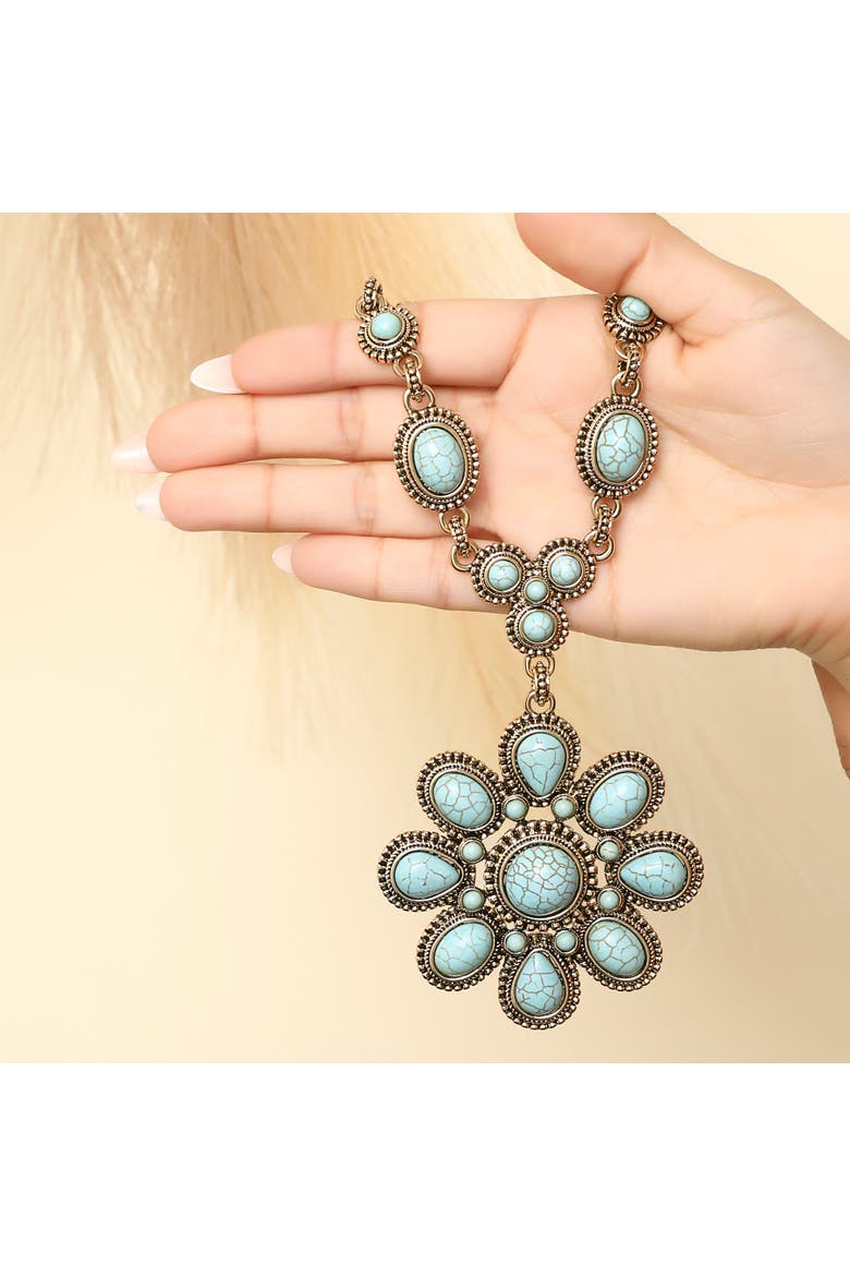 Women's Large Turquoise Stone Flower Necklace in Silver or Gold Tone, Alternate, color, Gold, turquoise