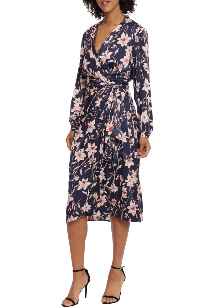 Floral Print Long Sleeve Midi Dress, Alternate, color, NAVY/ CREAM