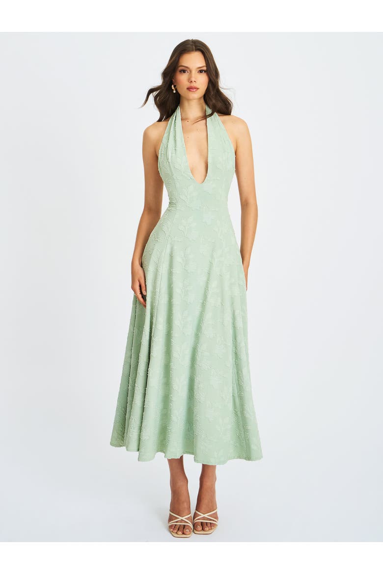 Magda Deep V Neck Halter A-line Midi Dress, Main, color, Mint Green