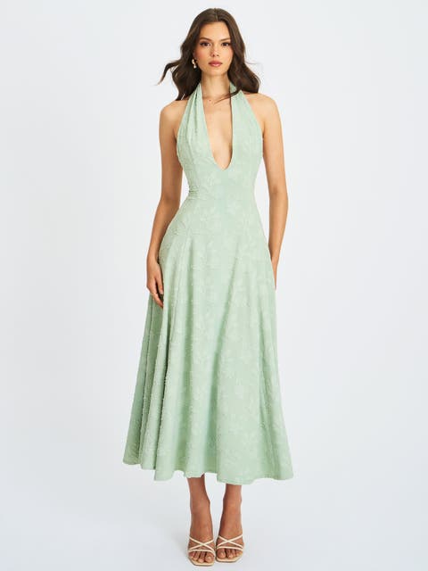 Magda Deep V Neck Halter A-line Midi Dress