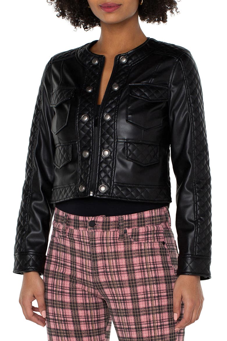 Quilted Detail Faux Leather Jacket, Alternate, color, BLACK
