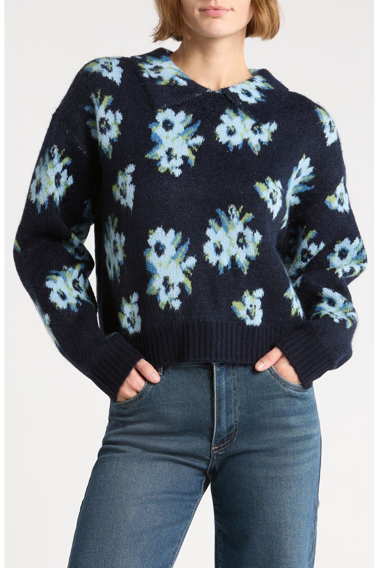Floral Jacquard Collared Sweater, Main, color, NAVY/ BLUE FLORAL