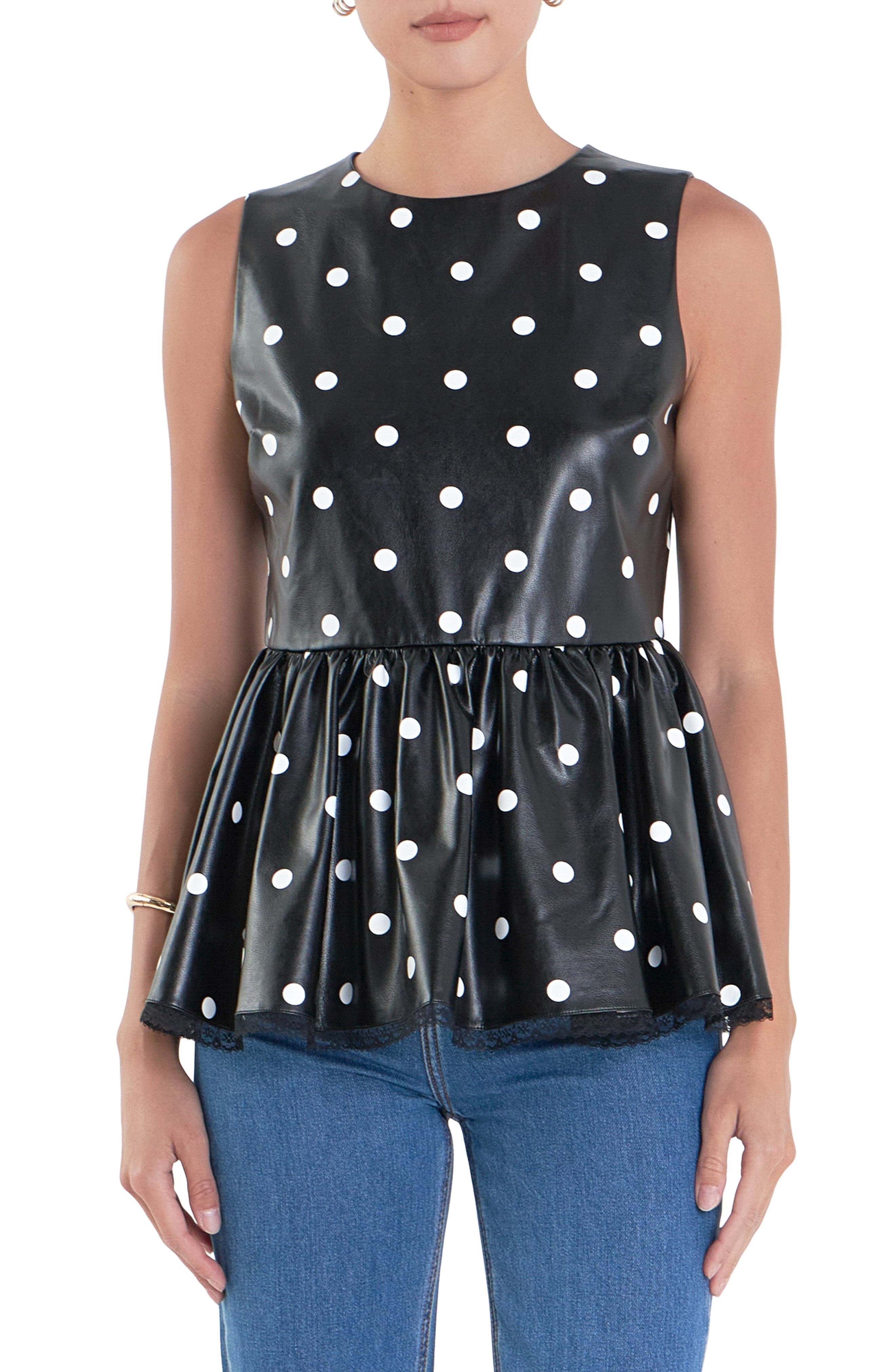 English Factory Polka Dot Peplum Sleeveless Faux Leather Top