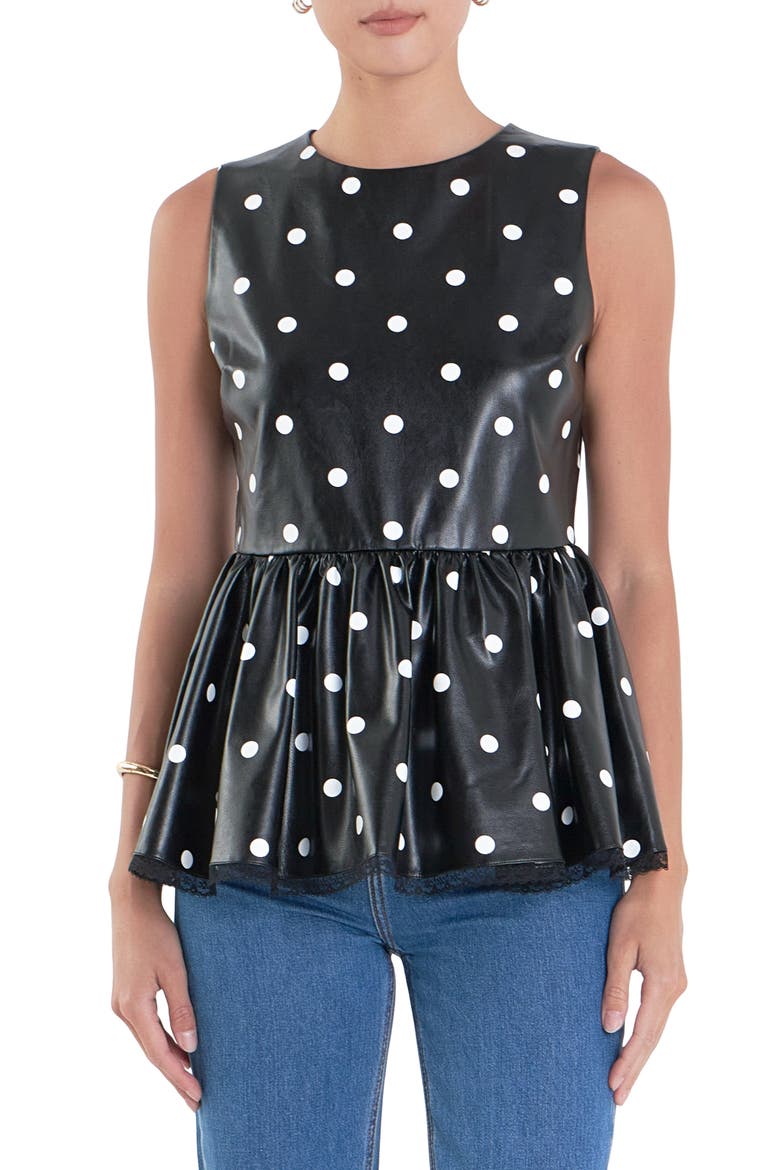 Polka Dot Peplum Sleeveless Faux Leather Top, Main, color, BLACK/WHITE