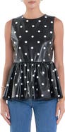 English Factory Polka Dot Peplum Sleeveless Faux Leather Top