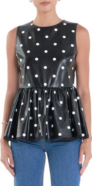 English Factory Polka Dot Peplum Sleeveless Faux Leather Top