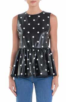 Polka Dot Peplum Sleeveless Faux Leather Top