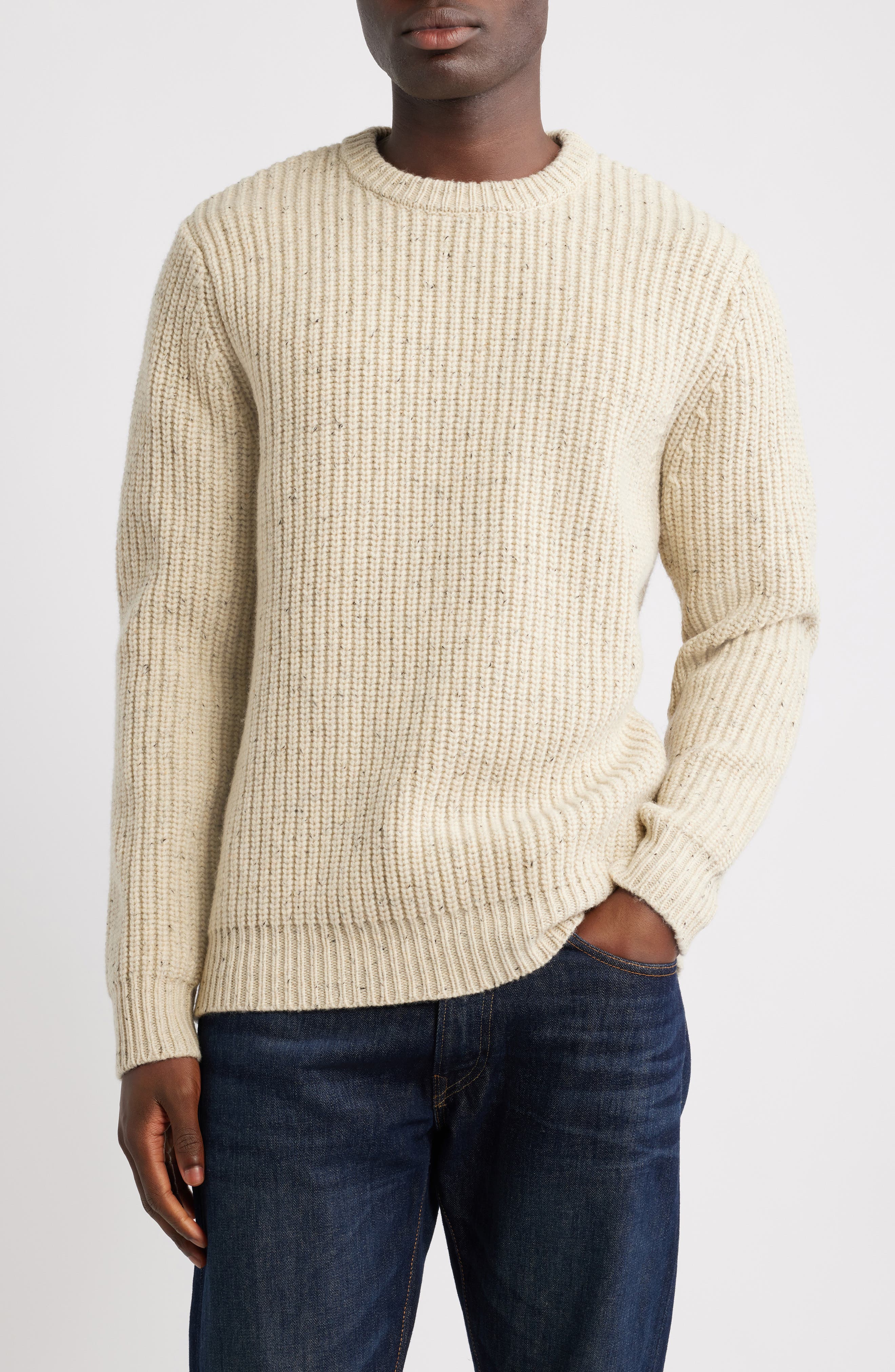 Schott NYC Donegal Tweed Wool Blend Crewneck Sweater in Off White 