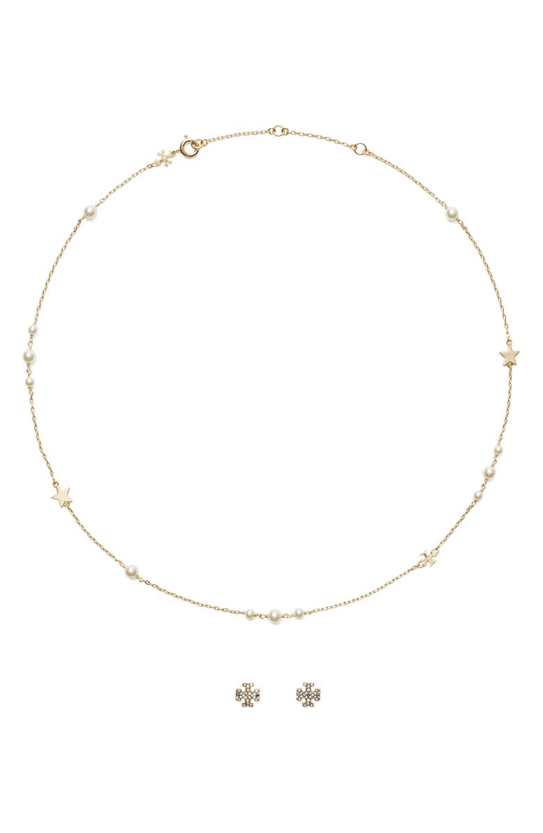 Tory Burch Kira Necklace & Earrings Set, Main, color, Tory Gold / Pearl / Crystal