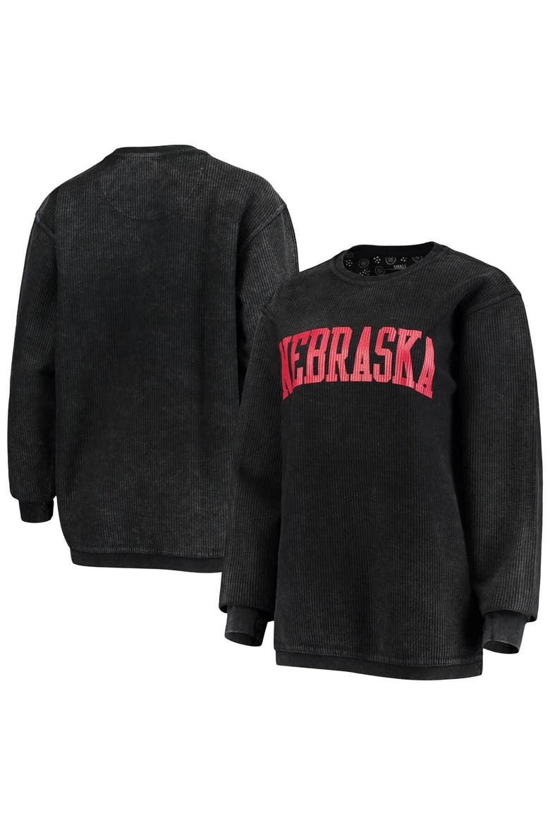 Women's Pressbox Black Nebraska Huskers Comfy Cord Vintage Wash Basic Arch Pullover Sweatshirt, Main, color, Black