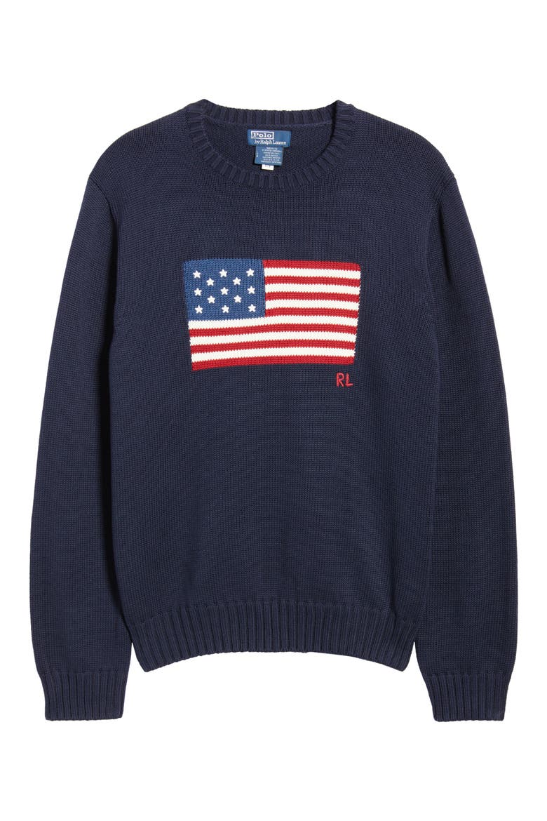 Intarsia Flag Cotton Crewneck Sweater, Alternate, color, BLUE