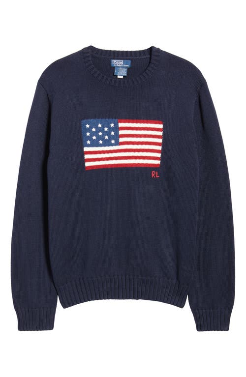 Polo Ralph Lauren Intarsia Flag Cotton Crewneck Sweater In Blue