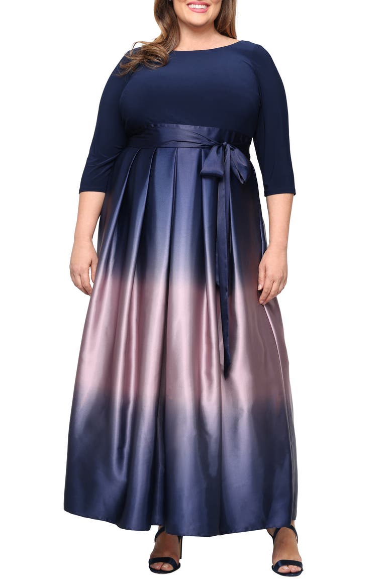 Three-Quarter Sleeve Jersey Bodice Ombré Satin A-Line Gown, Main, color, NAVY/MAUVE