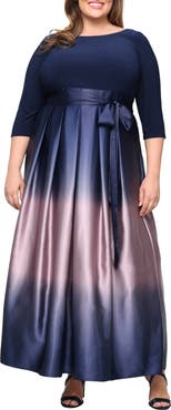 SL FASHIONS Three-Quarter Sleeve Jersey Bodice Ombré Satin A-Line Gown