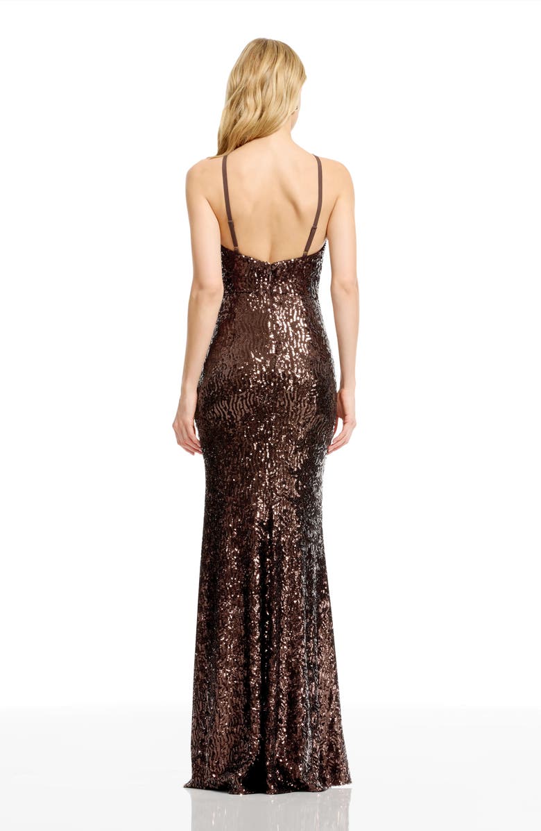 Dress the Population Noemi Rosette Sequin Halter Gown, Alternate, color, Mocha