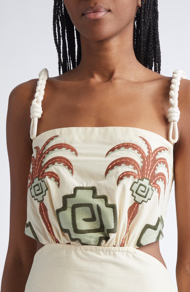 Johanna Ortiz Tributaries Embroidered Cotton Blend Dress, Alternate, color, Ecru / Chocolate/ Camel