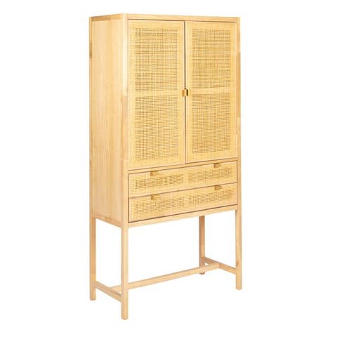 Woven Cane and Wood Cabinet with Doors and Drawers, Natural