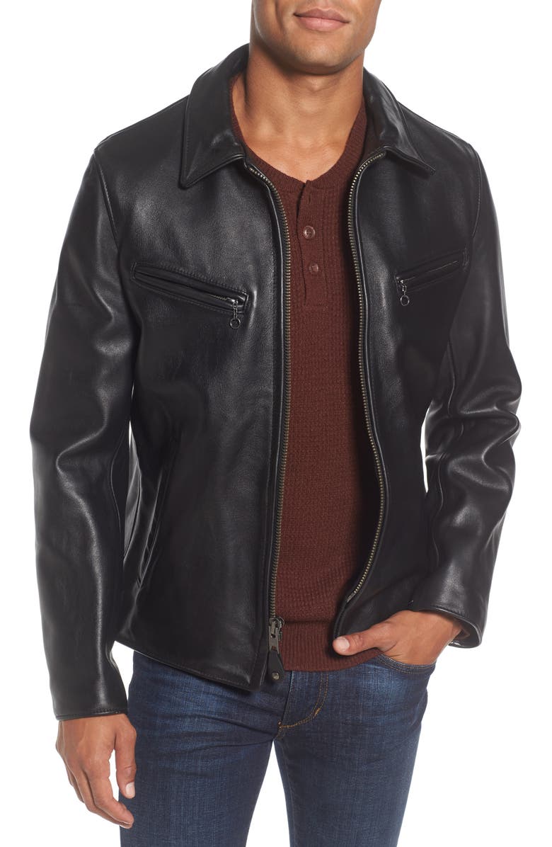 Schott NYC Slim Fit Leather Jacket, Main, color,