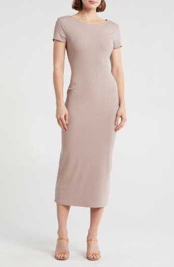 Shop Bebe Short Sleeve Ribbed Midi Dress In Blush