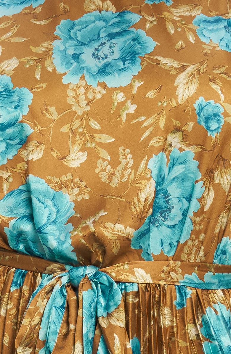 FLYING TOMATO Floral Long Sleeve Pleated Maxi Dress, Alternate, color, Dijon